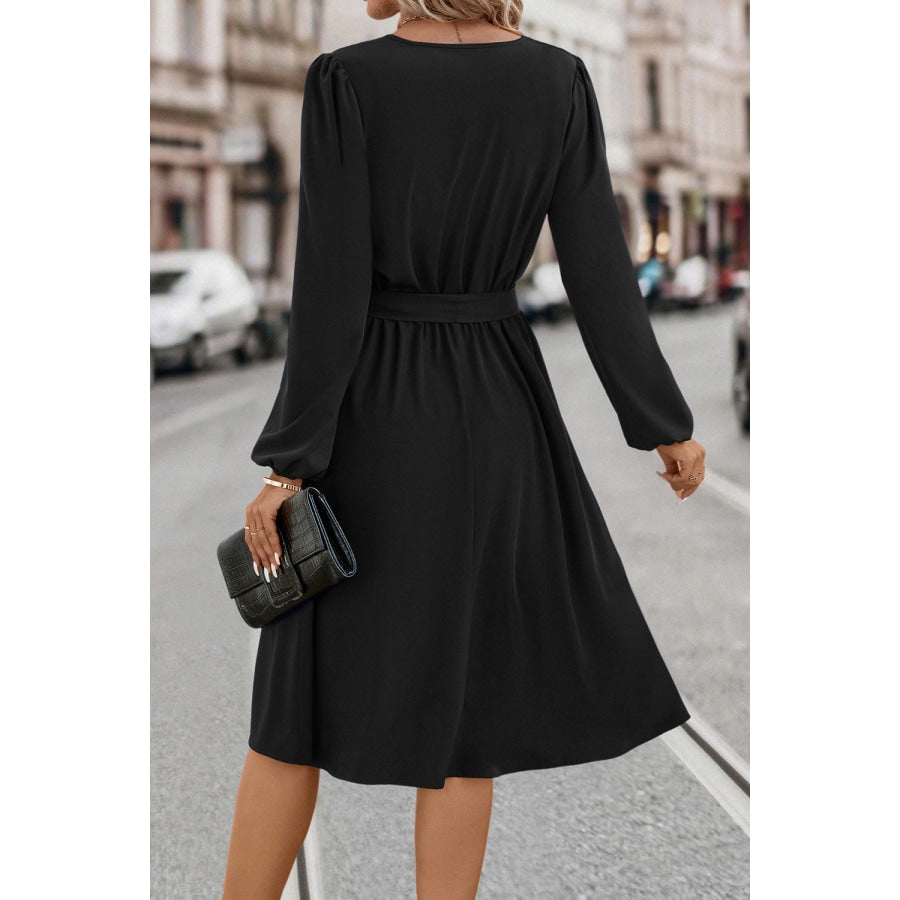 Tie Waist Notched Neck Long Sleeve Dress