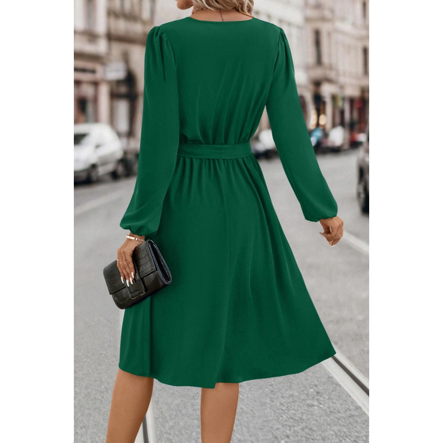 Tie Waist Notched Neck Long Sleeve Dress Green / S