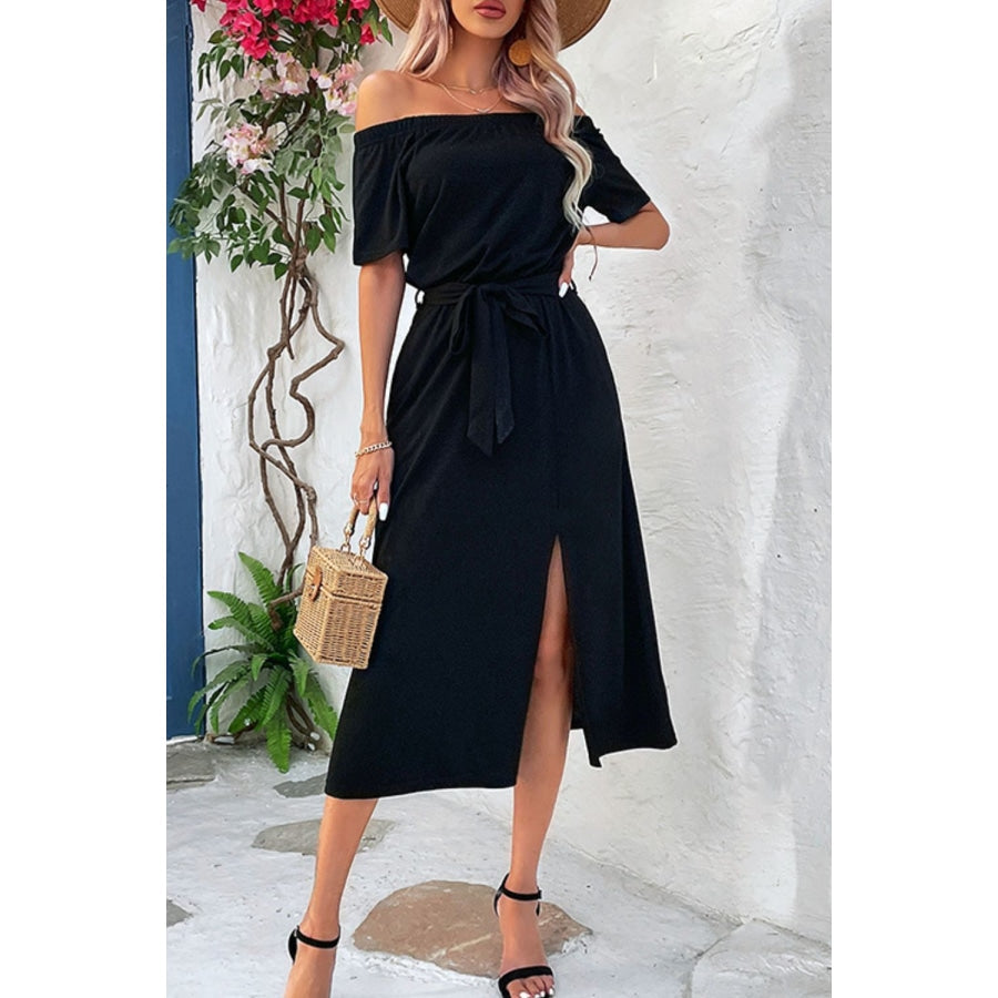 Tie-Waist Off-Shoulder Split Dress Black / S