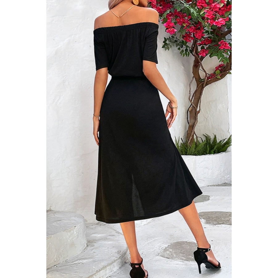 Tie-Waist Off-Shoulder Split Dress Black / S