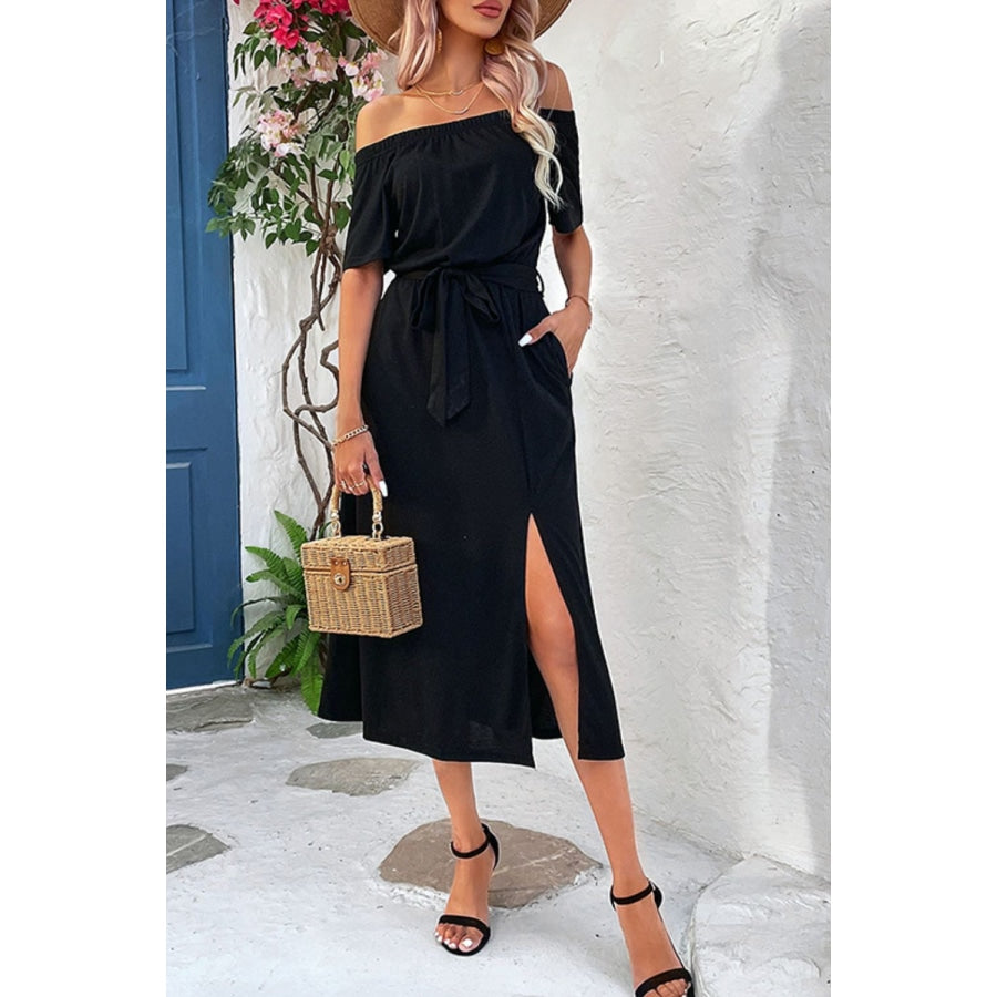 Tie-Waist Off-Shoulder Split Dress