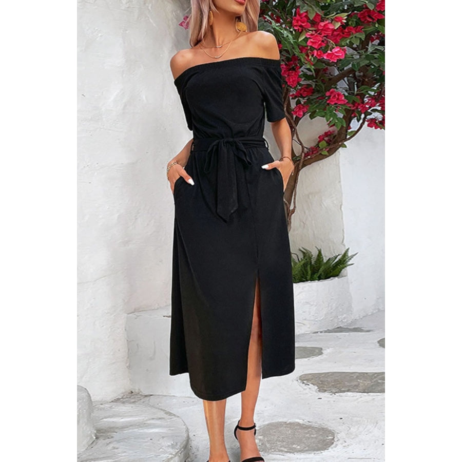 Tie-Waist Off-Shoulder Split Dress