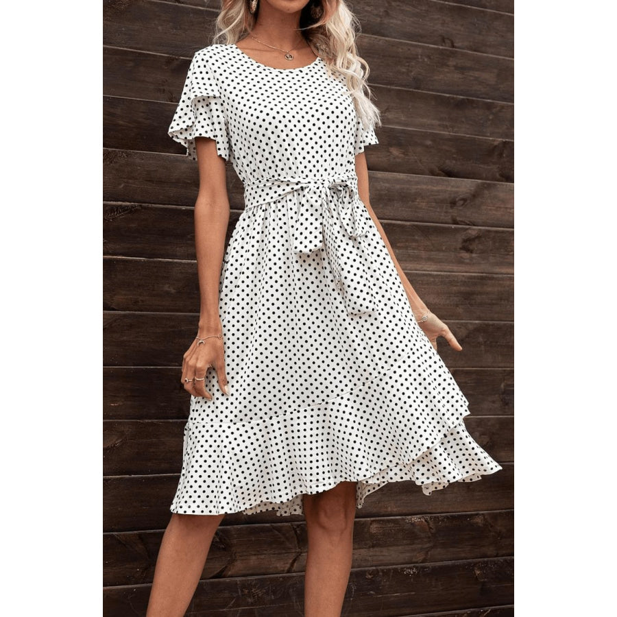 Tie Waist Petal Sleeve Ruffle Hem Dress Dot / S