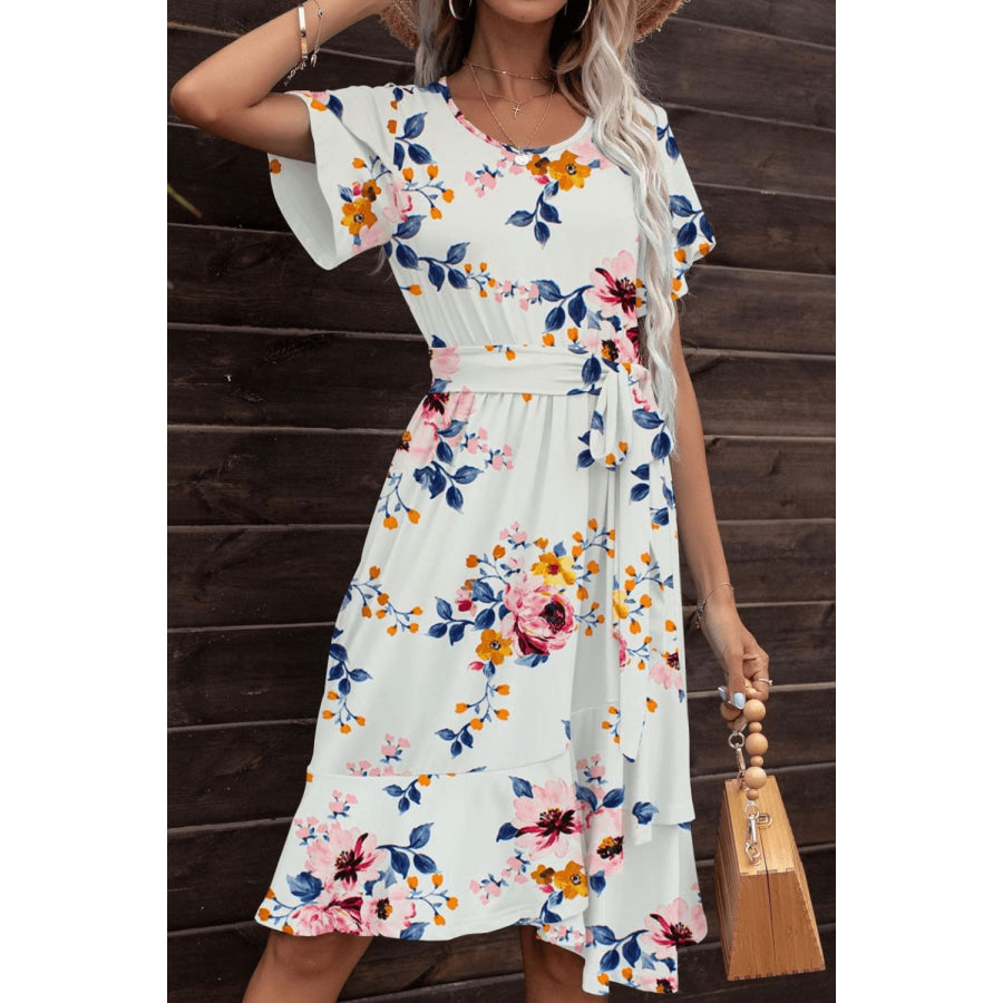 Tie Waist Petal Sleeve Ruffle Hem Dress Floral / S