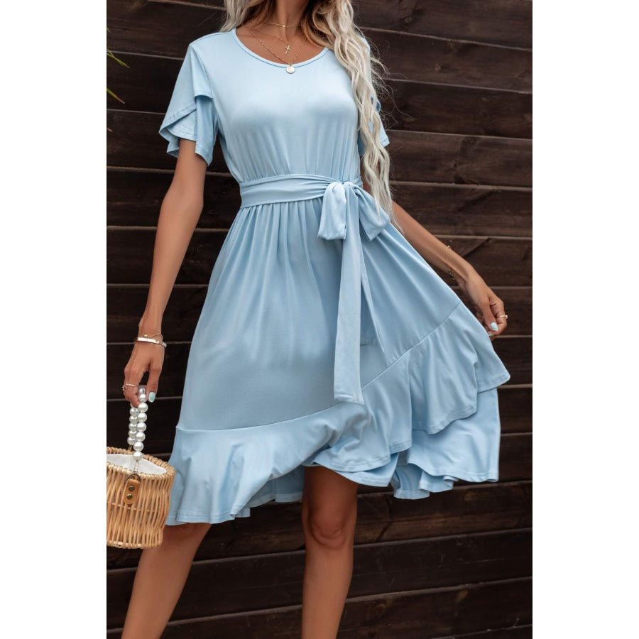 Tie Waist Petal Sleeve Ruffle Hem Dress Pastel Blue / S