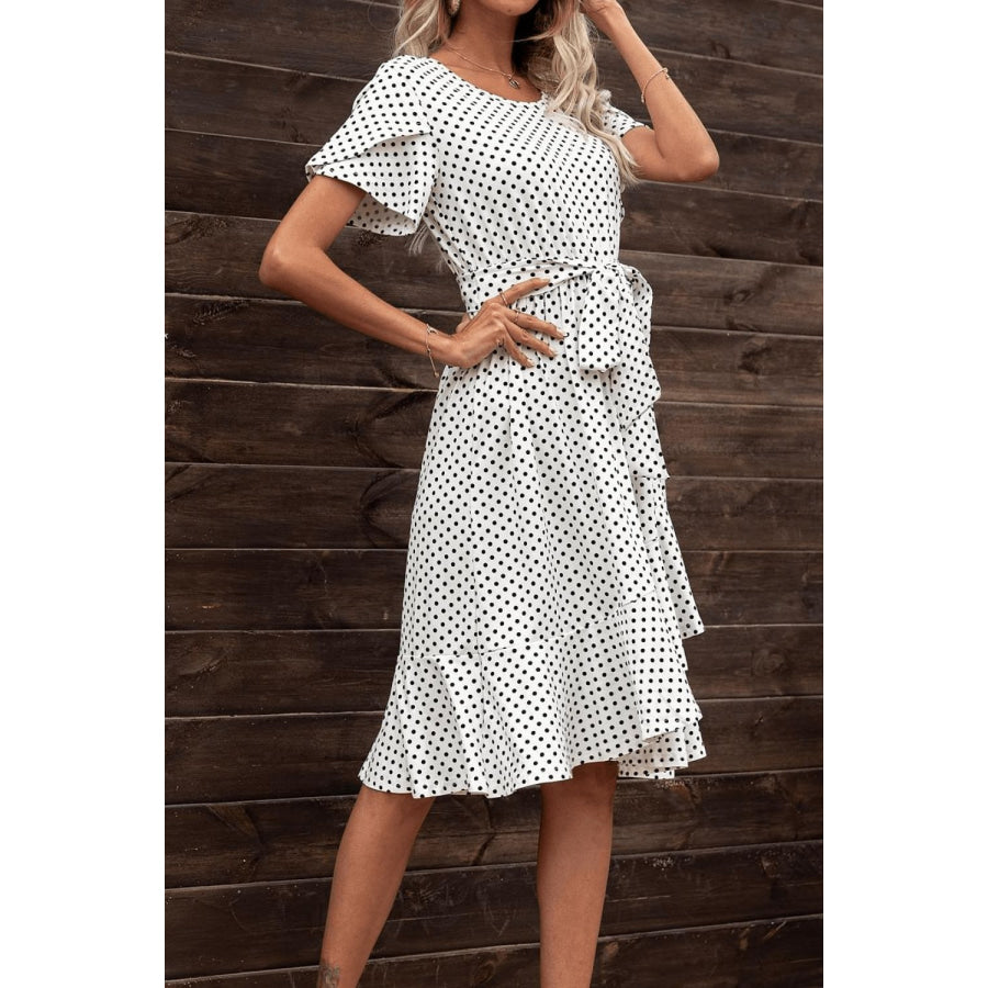 Tie Waist Petal Sleeve Ruffle Hem Dress