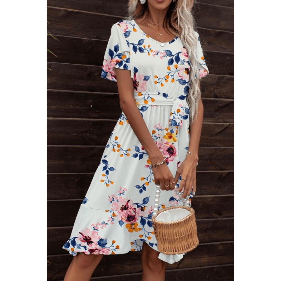 Tie Waist Petal Sleeve Ruffle Hem Dress