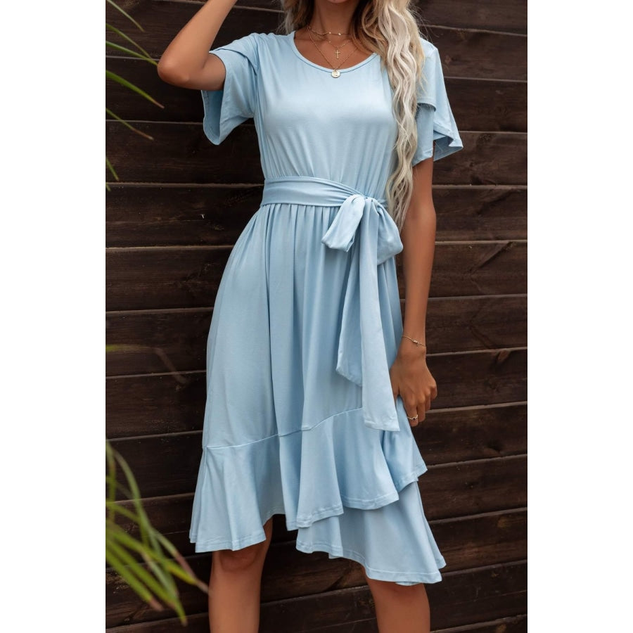 Tie Waist Petal Sleeve Ruffle Hem Dress