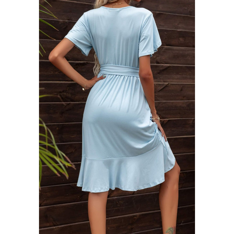 Tie Waist Petal Sleeve Ruffle Hem Dress Pastel Blue / S