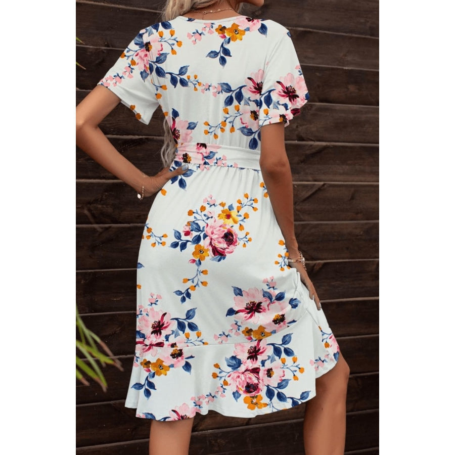 Tie Waist Petal Sleeve Ruffle Hem Dress