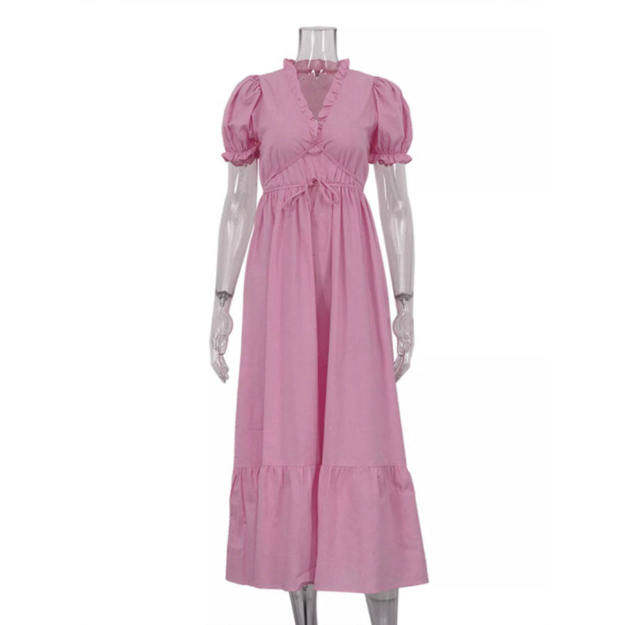 Tie Waist Puff Sleeve Maxi Dress Apparel and Accessories