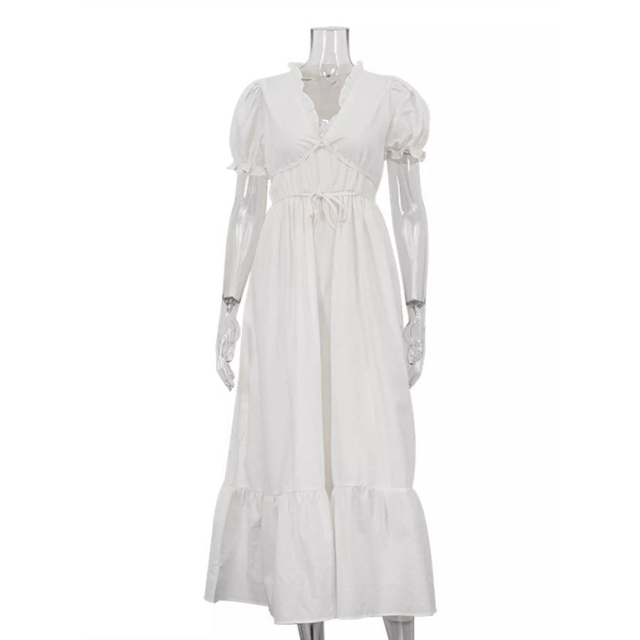 Tie Waist Puff Sleeve Maxi Dress Apparel and Accessories