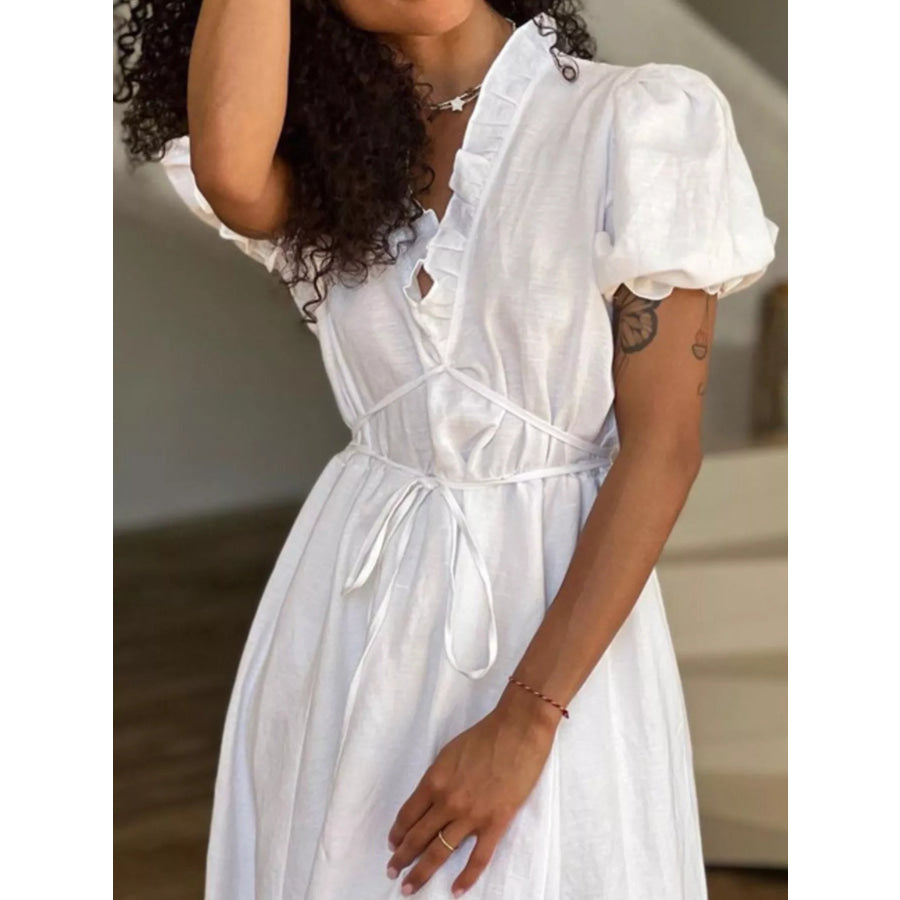 Tie Waist Puff Sleeve Maxi Dress Apparel and Accessories