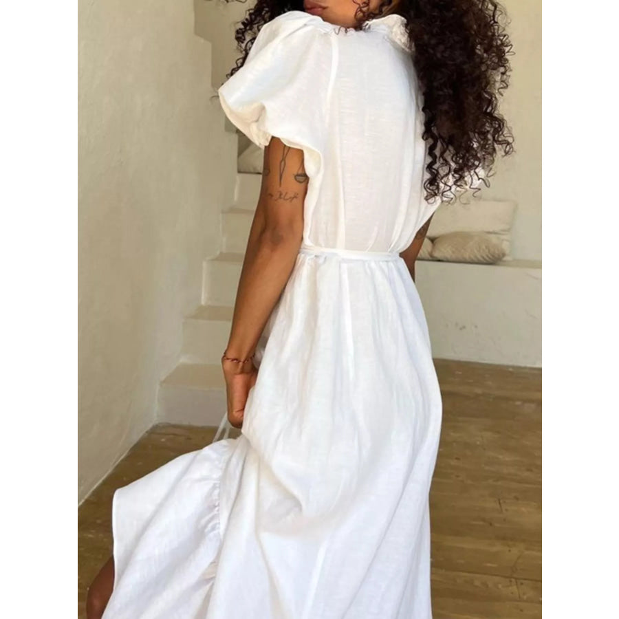Tie Waist Puff Sleeve Maxi Dress Apparel and Accessories