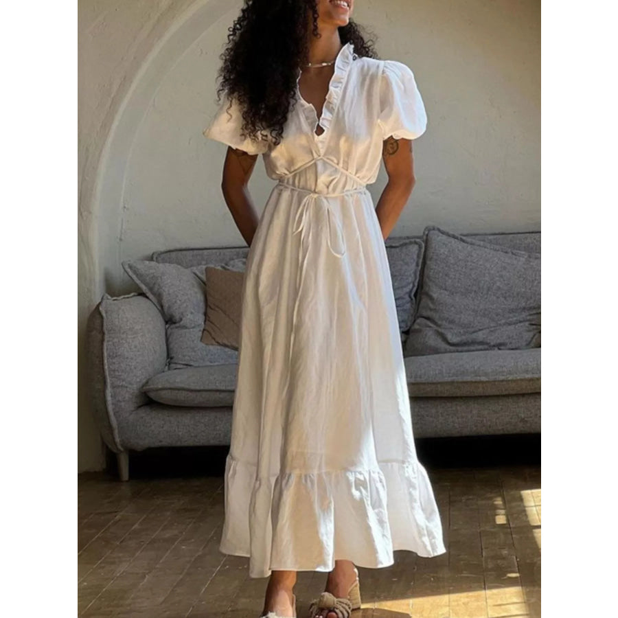 Tie Waist Puff Sleeve Maxi Dress White / S Apparel and Accessories