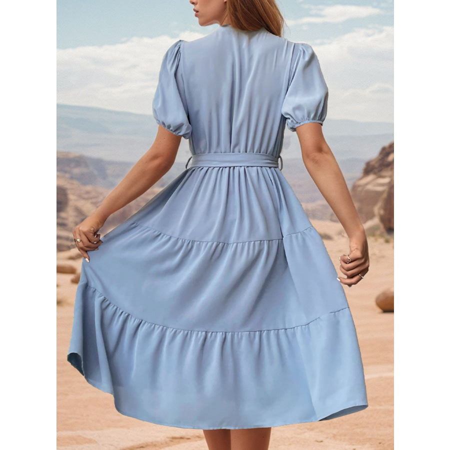 Tie Waist Puff Sleeve Midi Dress Apparel and Accessories