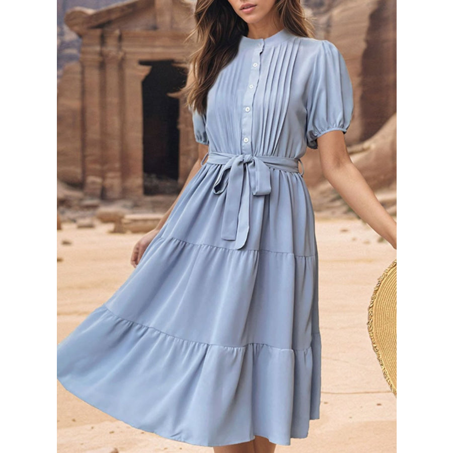 Tie Waist Puff Sleeve Midi Dress Apparel and Accessories