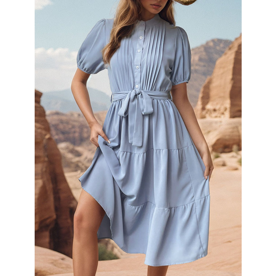 Tie Waist Puff Sleeve Midi Dress Misty Blue / S Apparel and Accessories