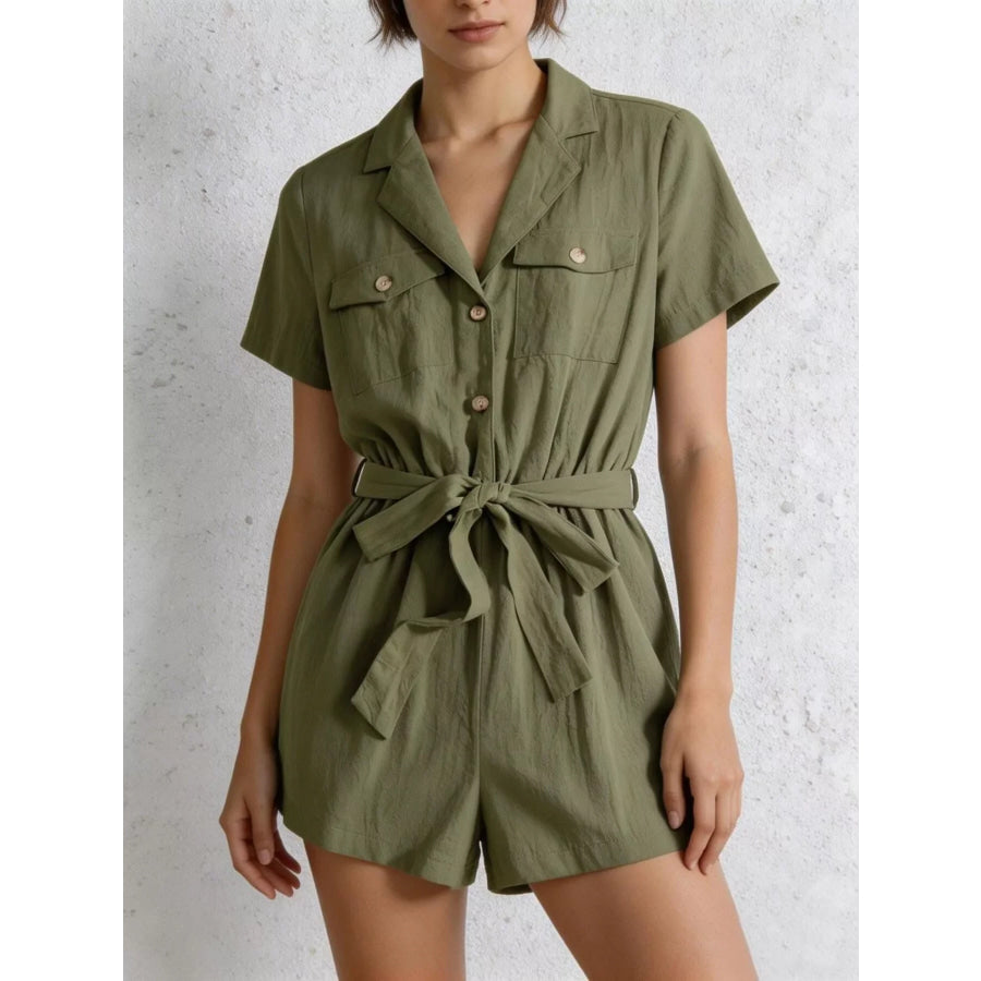 Tie Waist Short Sleeve Romper Moss / XS Apparel and Accessories