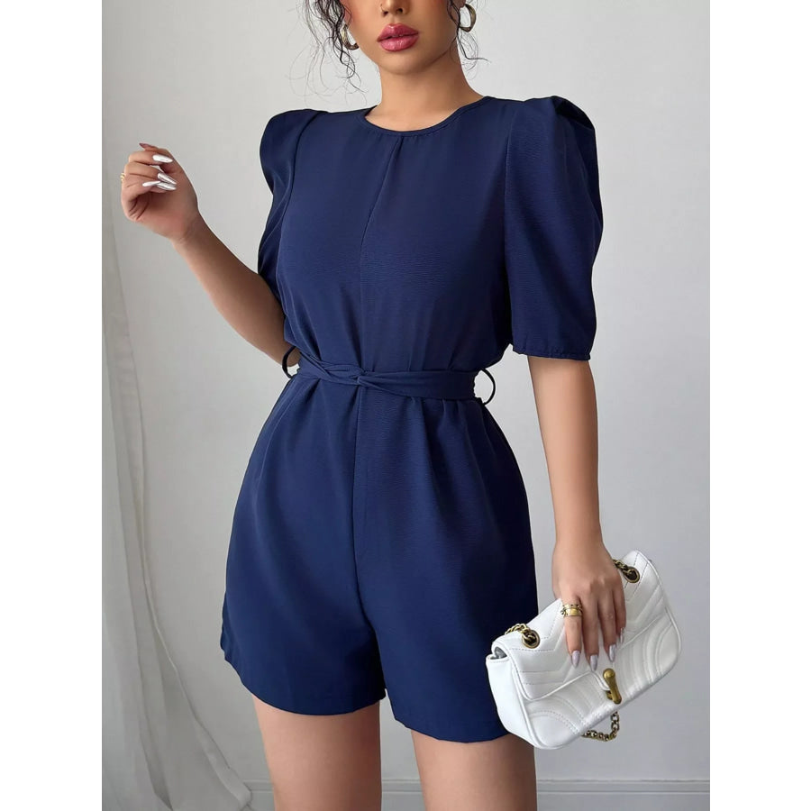 Tie Waist Short Sleeve Romper Navy / S Apparel and Accessories