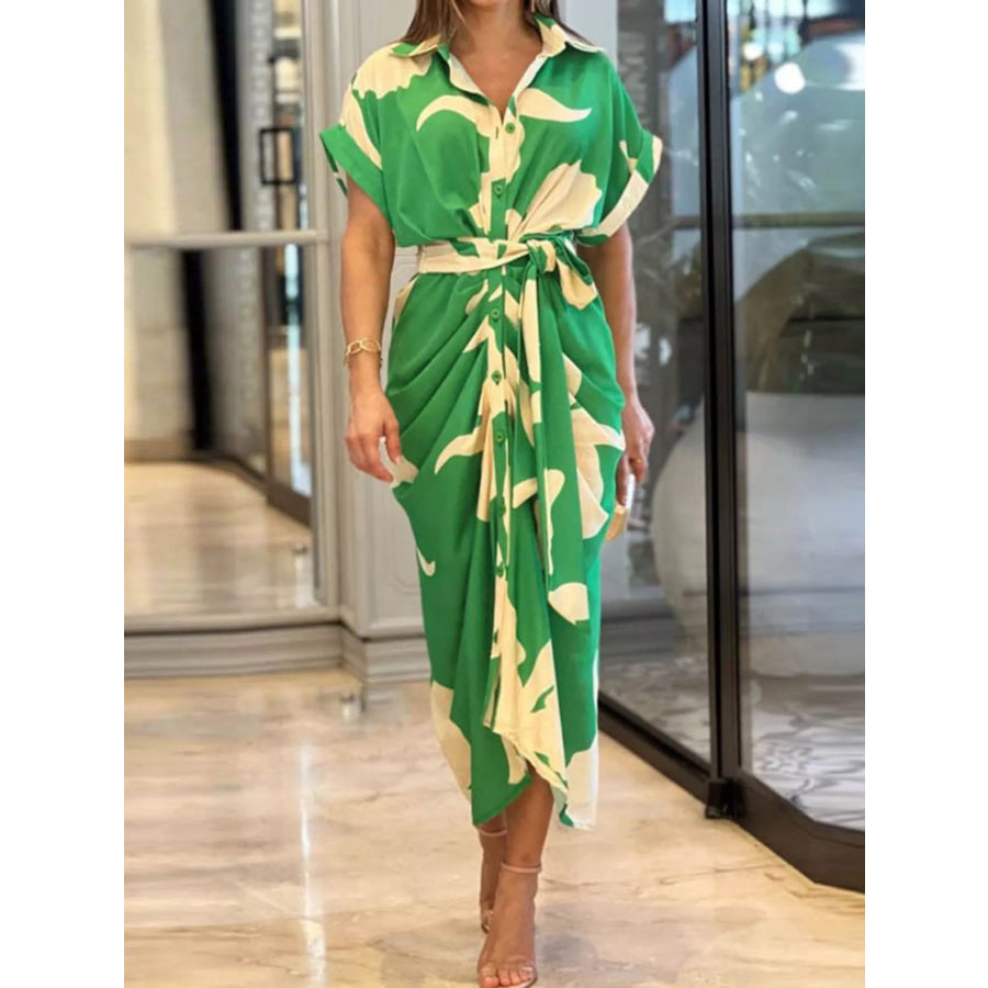 Tie Waist Short Sleeve Shirt Dress Green / S Apparel and Accessories