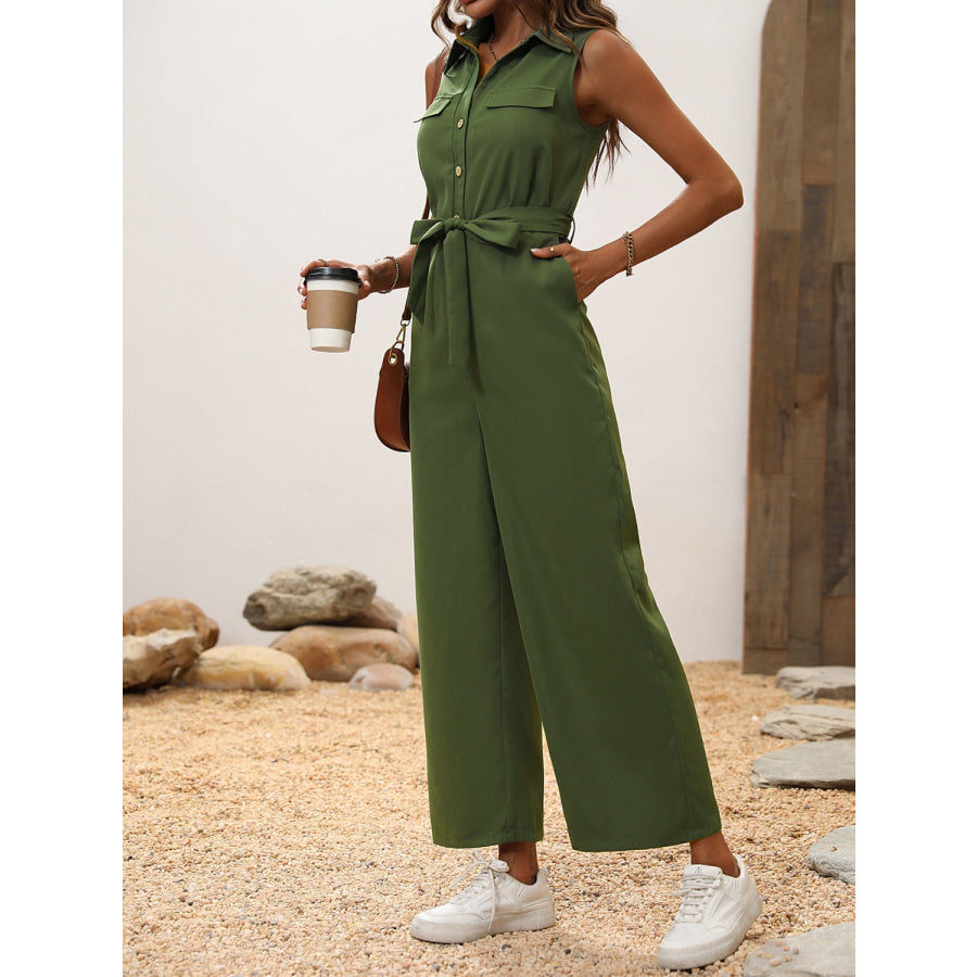 Tie Waist Sleeveless Wide Leg Jumpsuit Apparel and Accessories