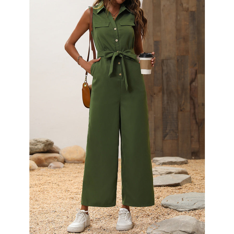 Tie Waist Sleeveless Wide Leg Jumpsuit Apparel and Accessories