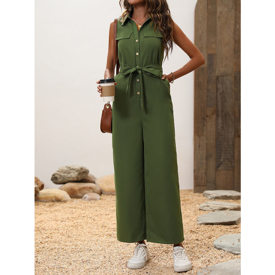 Tie Waist Sleeveless Wide Leg Jumpsuit Apparel and Accessories