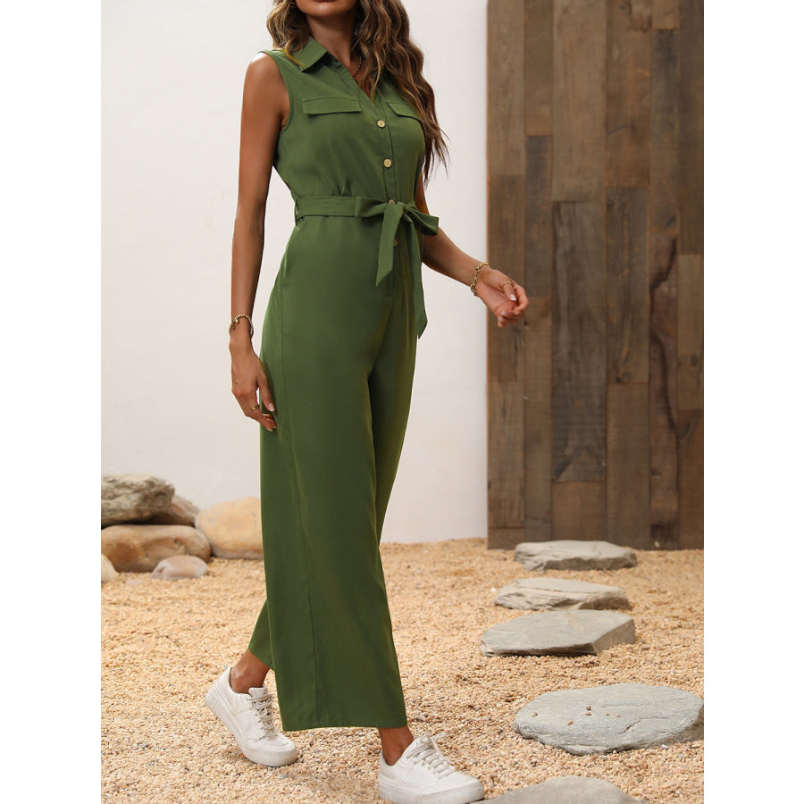 Tie Waist Sleeveless Wide Leg Jumpsuit Apparel and Accessories