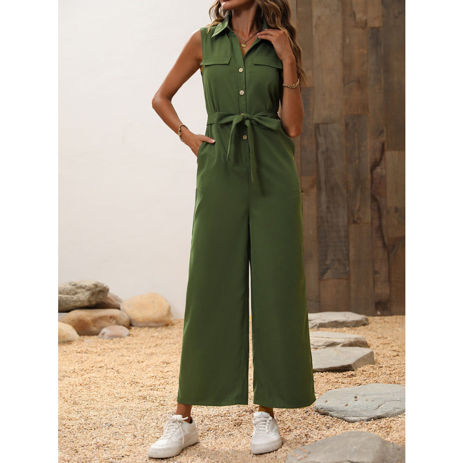 Tie Waist Sleeveless Wide Leg Jumpsuit Army Green / S Apparel and Accessories