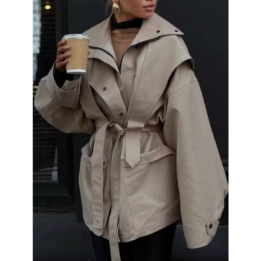 Tie Waist Snap Down Trench Coat Apparel and Accessories