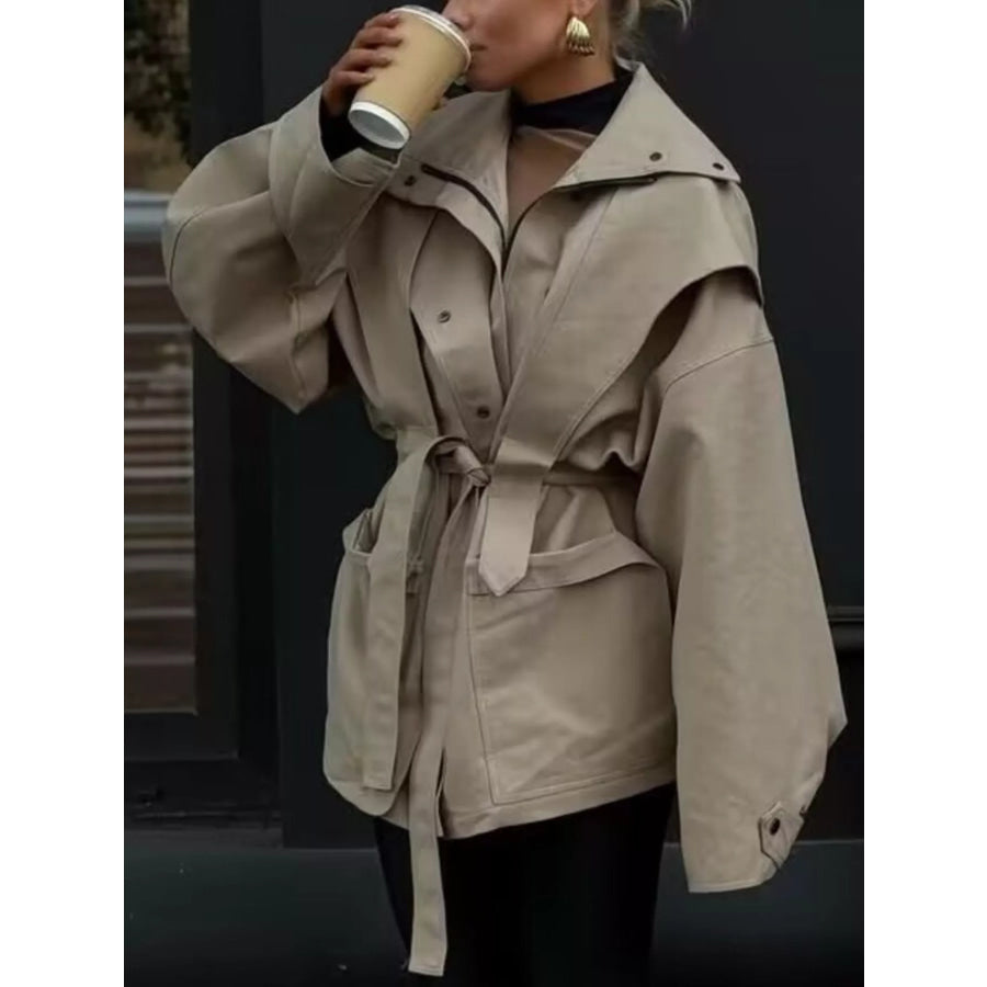 Tie Waist Snap Down Trench Coat Apparel and Accessories