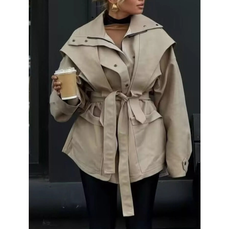 Tie Waist Snap Down Trench Coat Apparel and Accessories