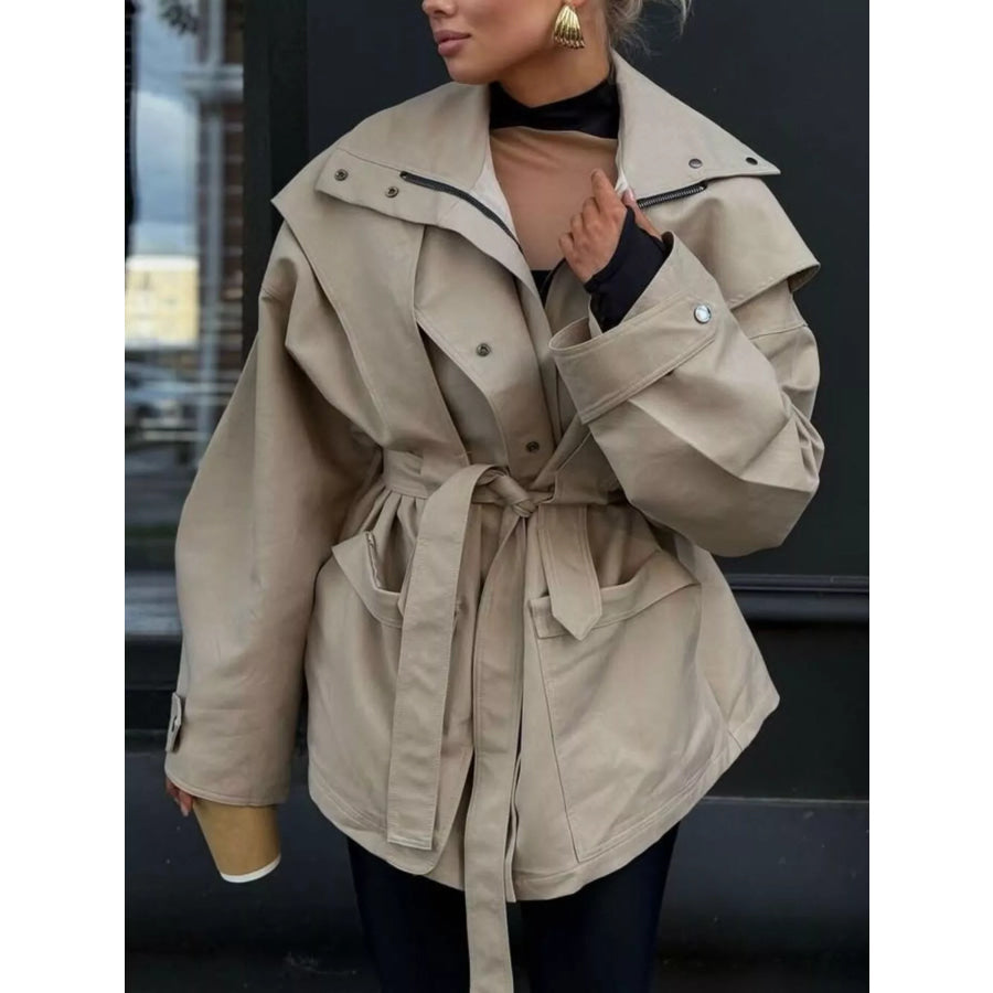 Tie Waist Snap Down Trench Coat Khaki / S Apparel and Accessories