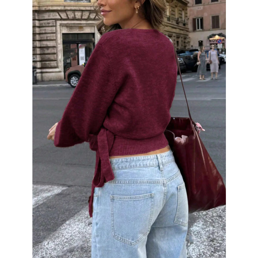 Tie Waist Surplice Sweater Apparel and Accessories