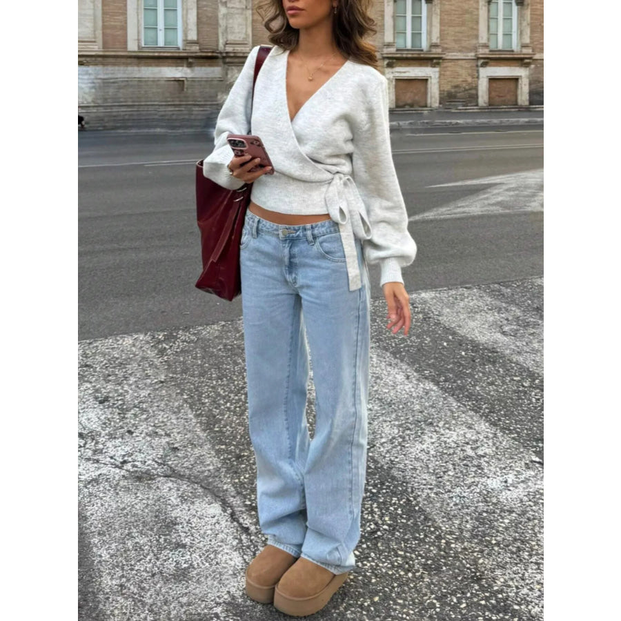 Tie Waist Surplice Sweater Apparel and Accessories