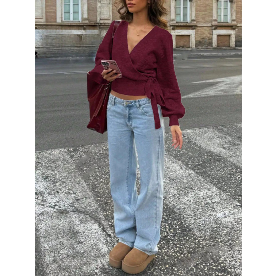 Tie Waist Surplice Sweater Apparel and Accessories