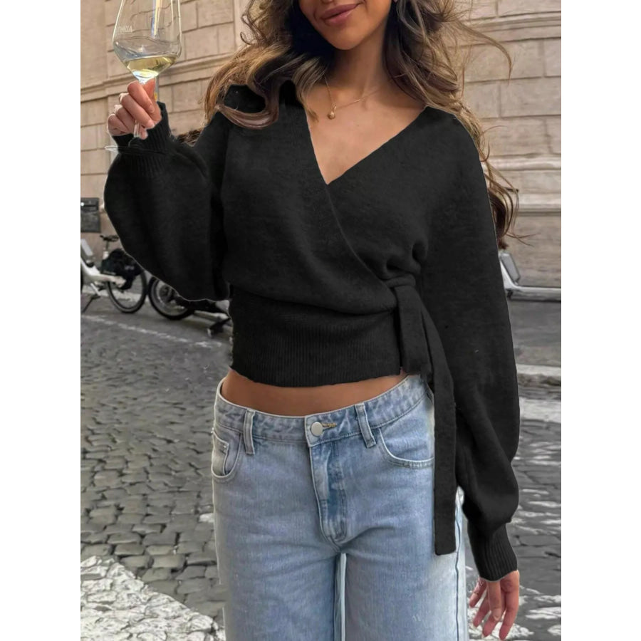 Tie Waist Surplice Sweater Apparel and Accessories