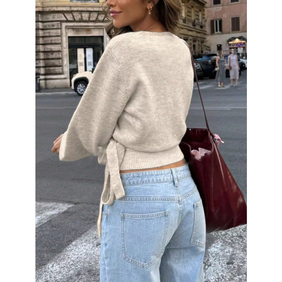 Tie Waist Surplice Sweater Apparel and Accessories