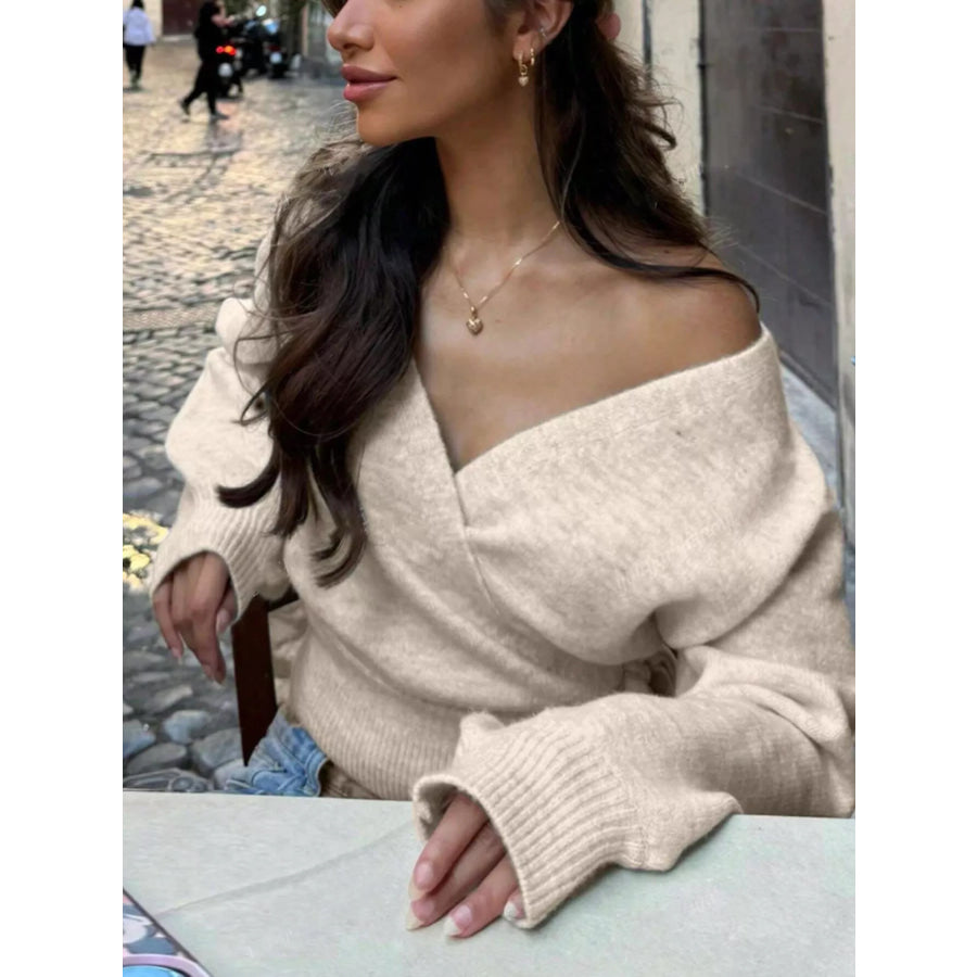 Tie Waist Surplice Sweater Apparel and Accessories