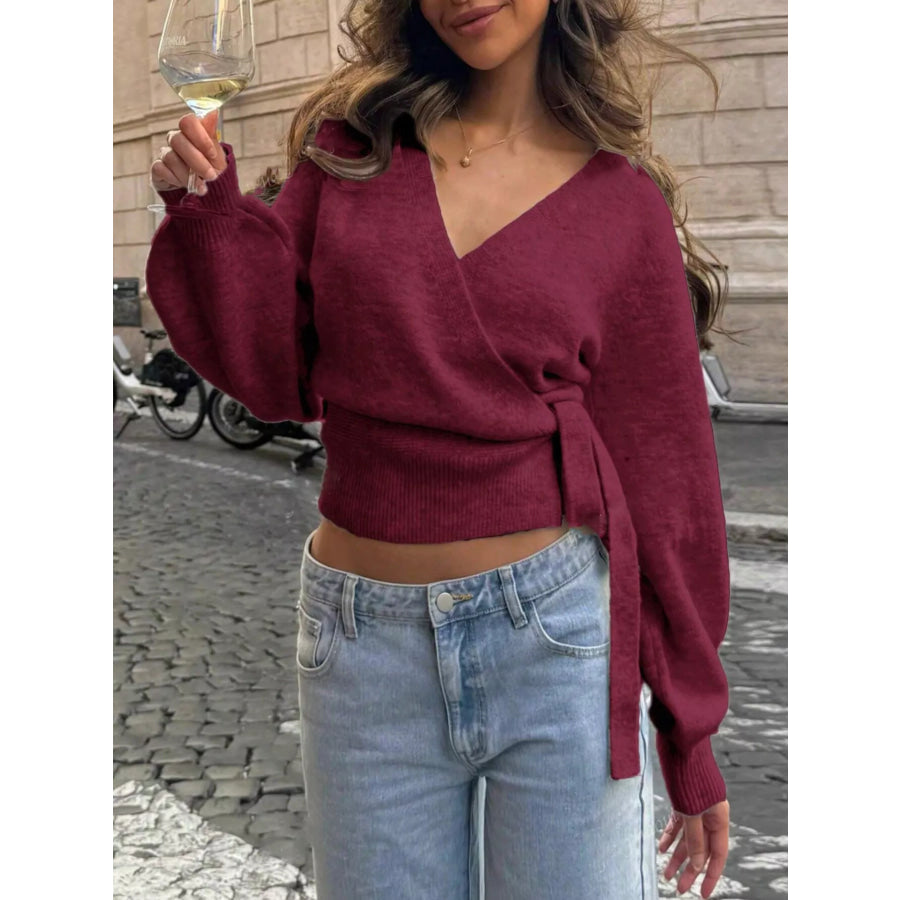 Tie Waist Surplice Sweater Burgundy / S Apparel and Accessories