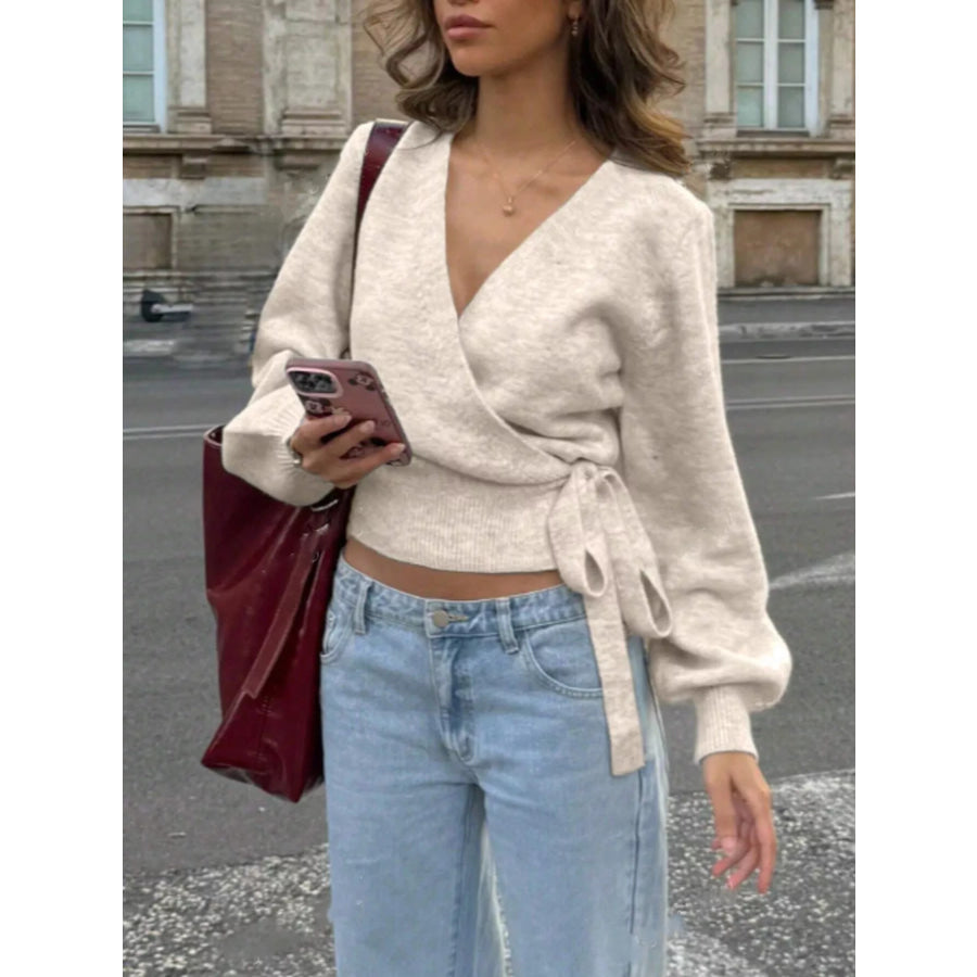 Tie Waist Surplice Sweater Eggshell / S Apparel and Accessories