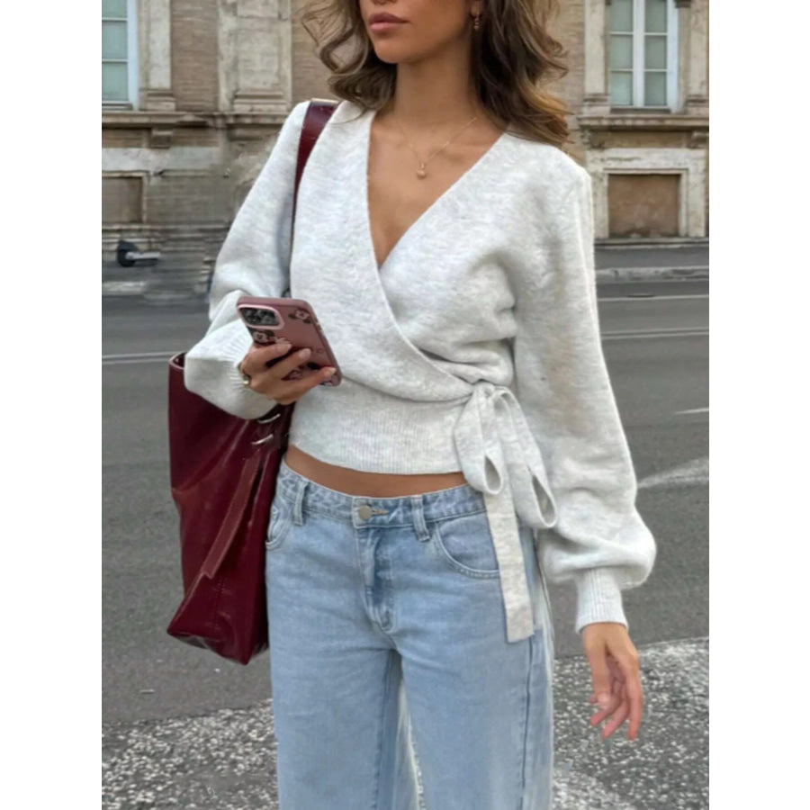 Tie Waist Surplice Sweater Light Gray / S Apparel and Accessories
