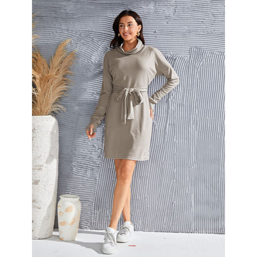 Tie - Waist Turtleneck Long Sleeve Dress Clothing