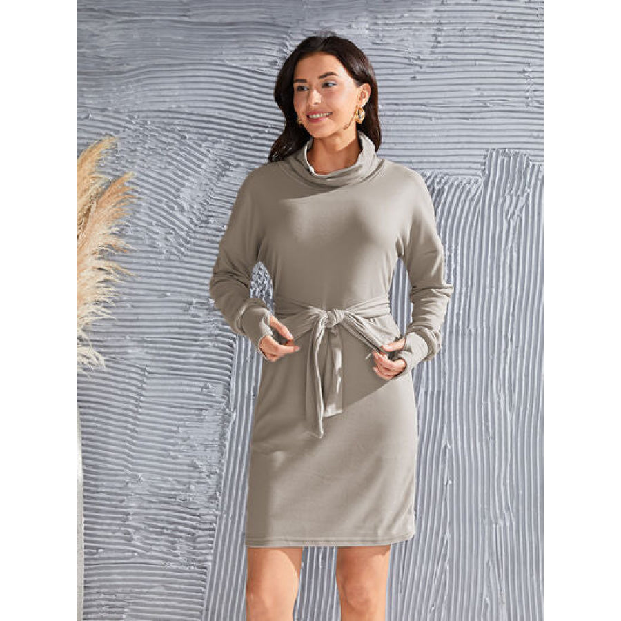 Tie - Waist Turtleneck Long Sleeve Dress Clothing