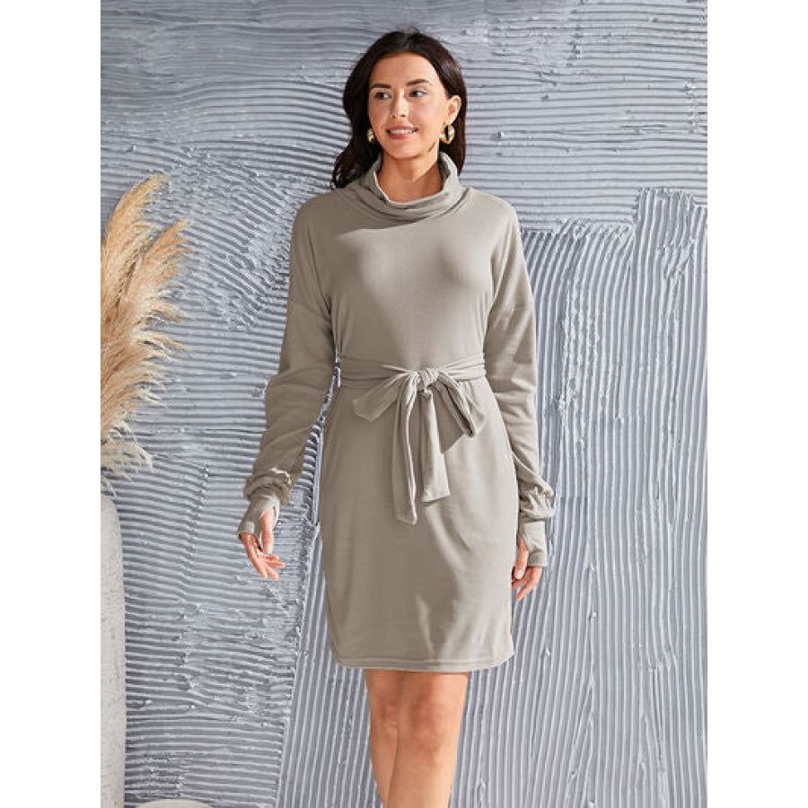 Tie - Waist Turtleneck Long Sleeve Dress Clothing