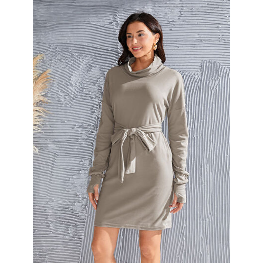 Tie - Waist Turtleneck Long Sleeve Dress Dust Storm / S Clothing