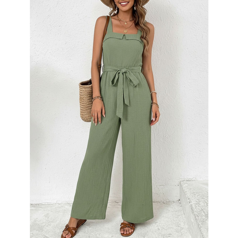 Tie Waist Wide Leg Jumpsuit Apparel and Accessories