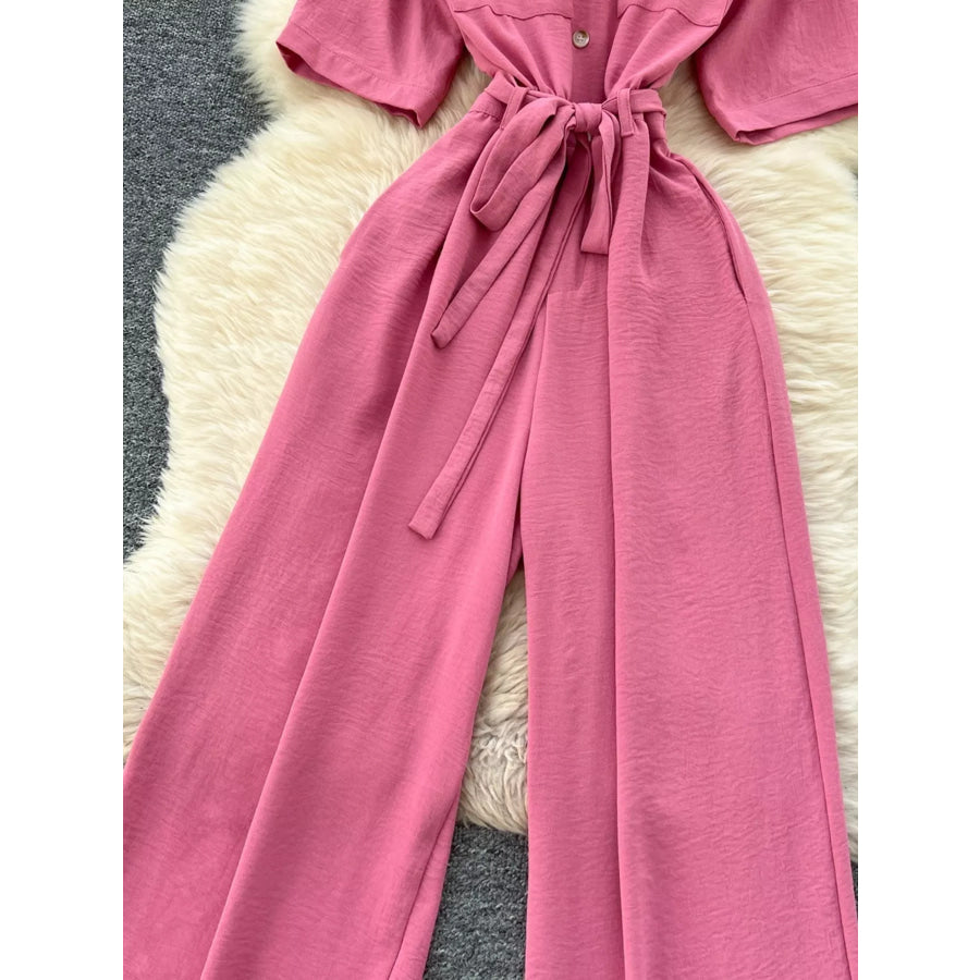 Tie Waist Wide Leg Jumpsuit Apparel and Accessories
