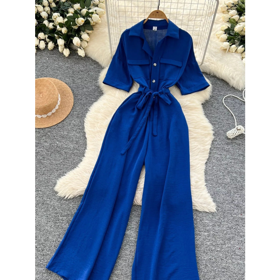 Tie Waist Wide Leg Jumpsuit Apparel and Accessories